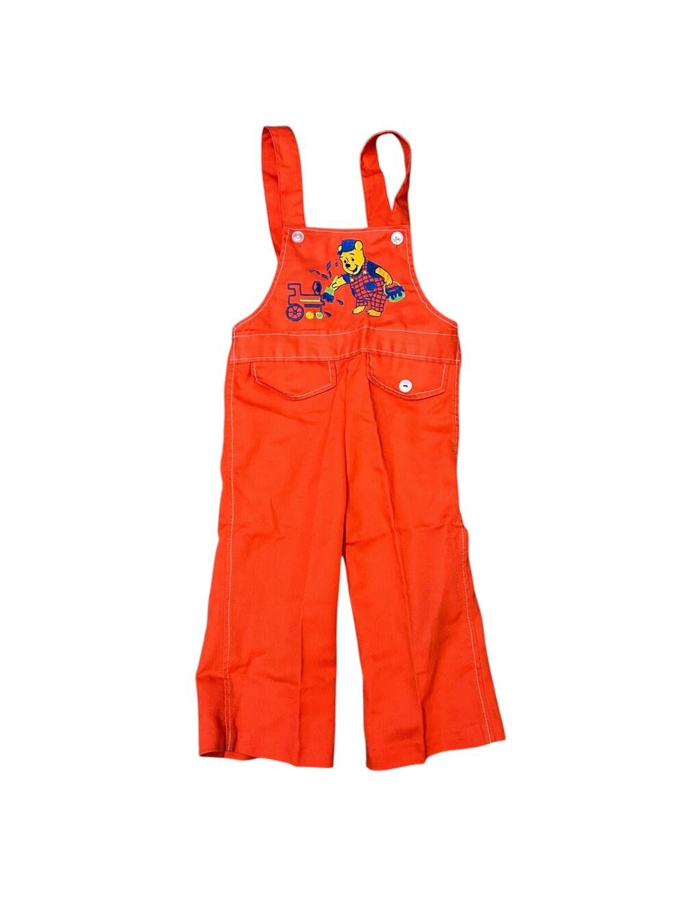 Vintage 70s Winnie The Pooh Orange Embroidered Overalls Kids Size 3T
